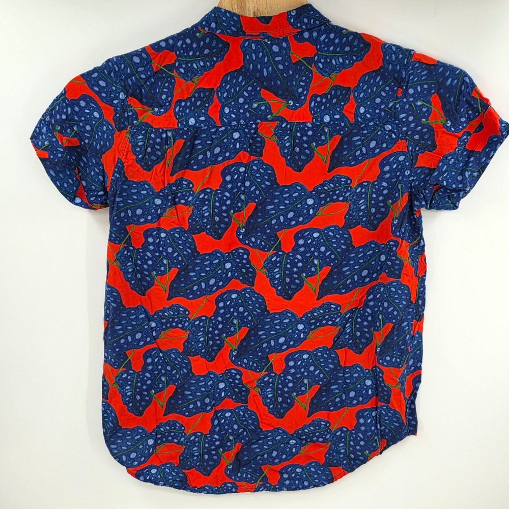Wildfang The Empower SS Button Up Shirt Medium Red Blue Leaf Print WN8600 Rayon - Picture 2 of 7